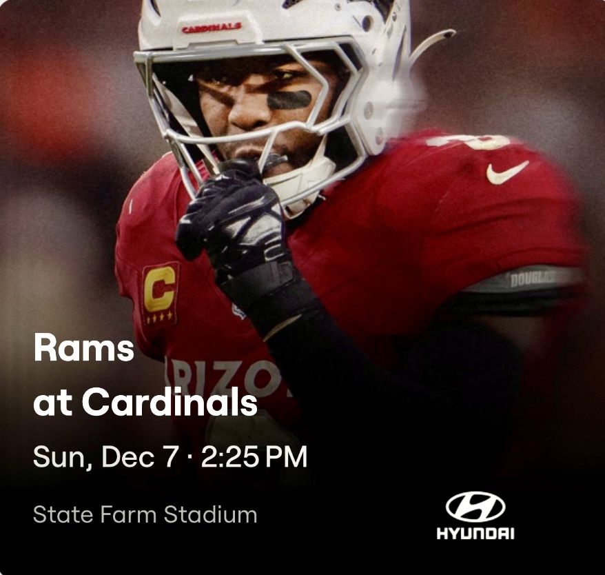 2 Lower level tickets plus parking pass to the Az Cardinals vs LA Rams