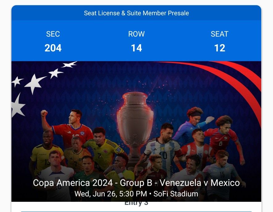 2 Tickets For Sale. Copa America VENEZUELA VS MEXICO 🇲🇽 SOFI STADIUM 