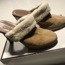 COACH Kacie Camel Suede Slip On High Heel Clog women size 7.5 shearling