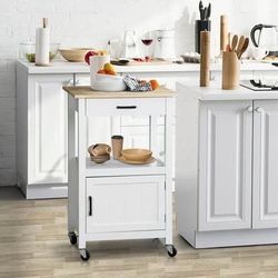 New White Kitchen Island Cart with Storage Cabinet Hooks and Drawer