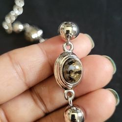 Vtg Monet Silver Tone Statement Necklace Faux Cats Eye/Onyx 32" 