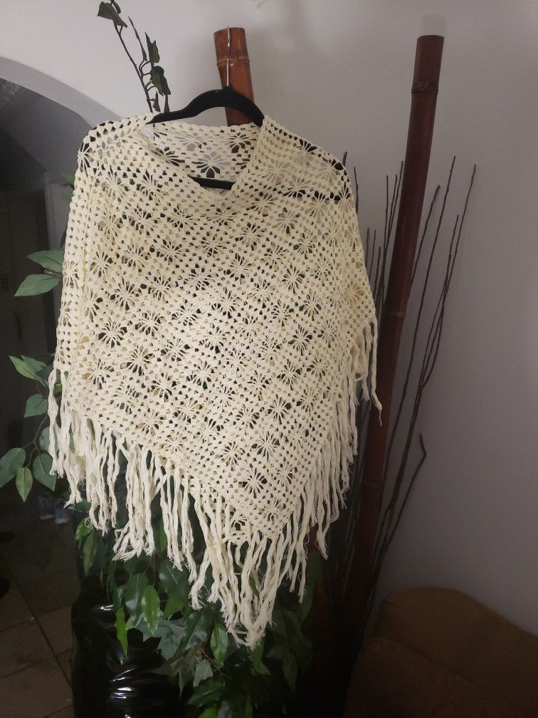 Homemade knitted Off White wool shawl coverup New