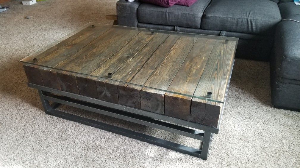 Rustic Solid Wood/Metal/Glass Coffee Table