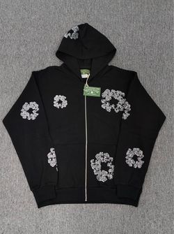 Denim Tears Black Zip-Up Hoodie with Floral Graphics