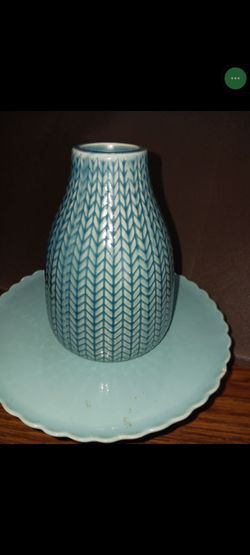 Vase: Blue Glossy Glazed pottery herringbone or wheat design pattern