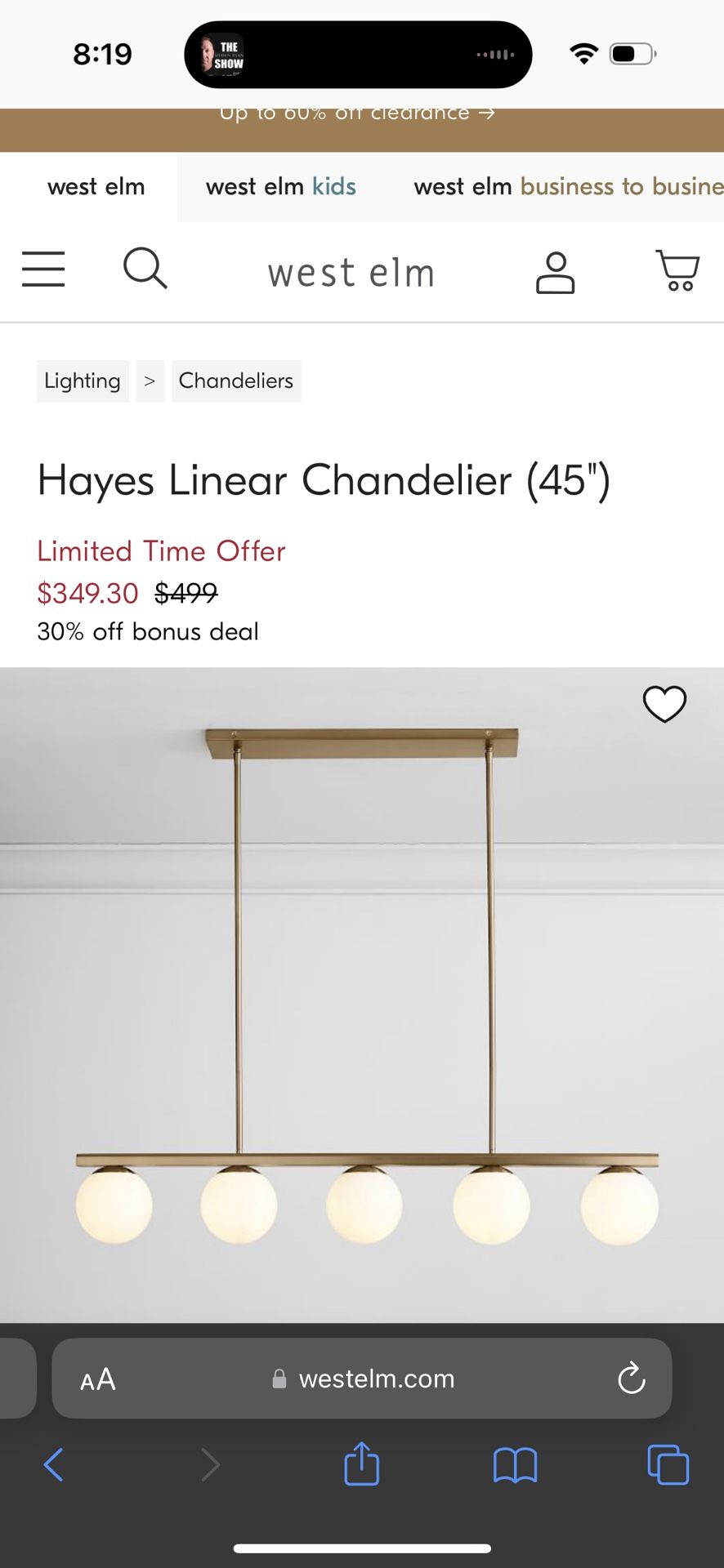 West Elm Hayes Linear Chandelier 45”