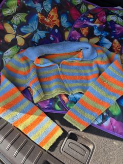 Super cute blue, orange, and green striped cropped cardigan