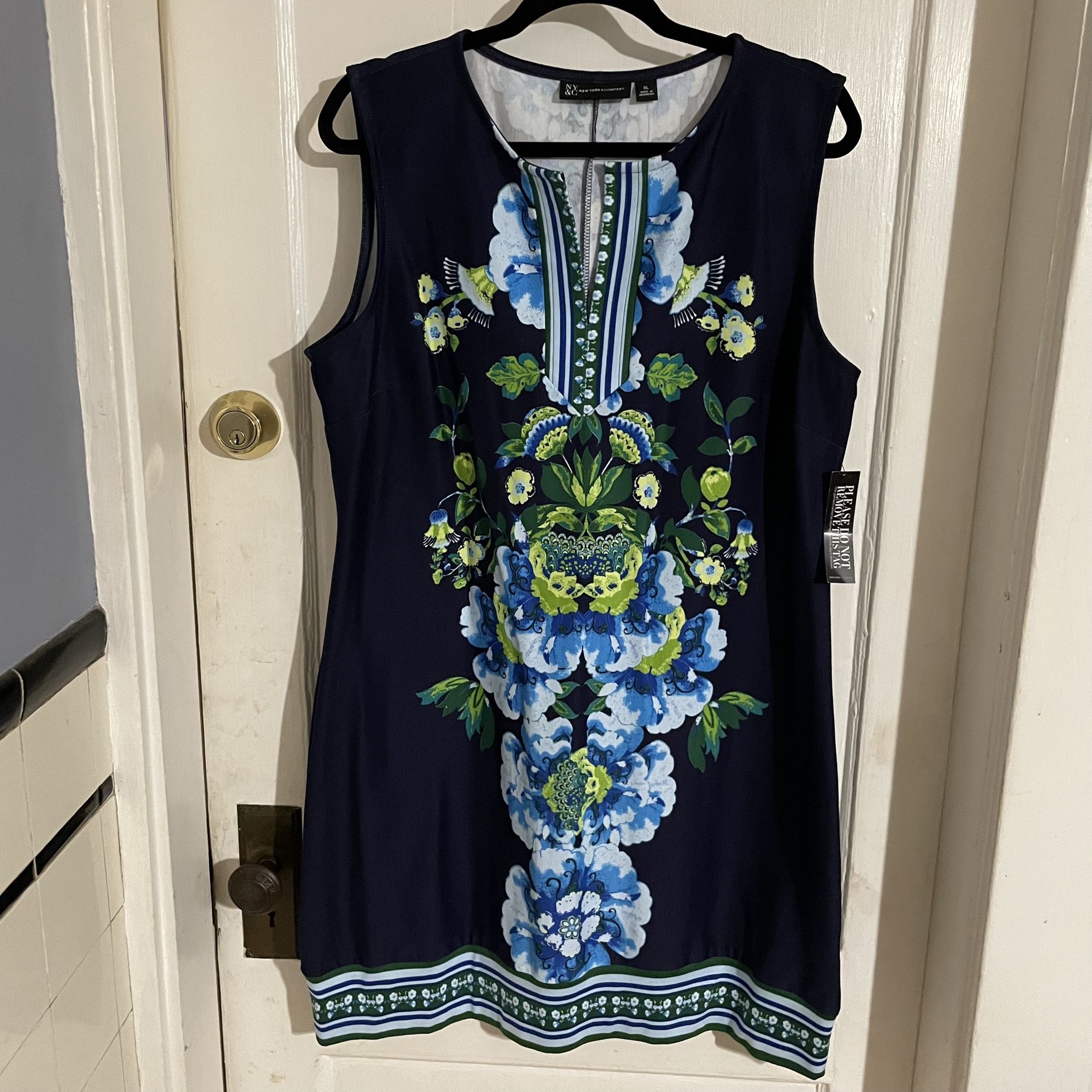 Navy Blue Floral Print V Neck Dress