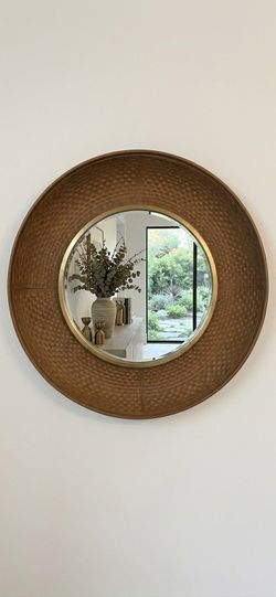 Large Round Woven Leather Concave Mirror - Statement Piece