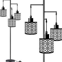 Dimmable Industrial Floor Lamp with 3-Lights Black Farmhouse Floor Lamps for Living Room, Modern Tall Standing Lamp with Birdcage Shades & Base for Be
