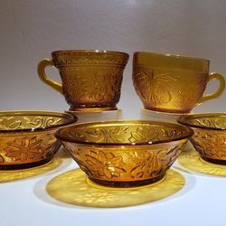 VTG 1970s Indiana Tiara Glass Amber Dessert / Candy Bowls & Cups