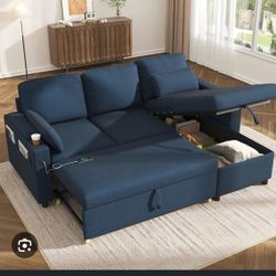 Blue Sectional Sleeper Sofa with Storage and pull out chase lounge