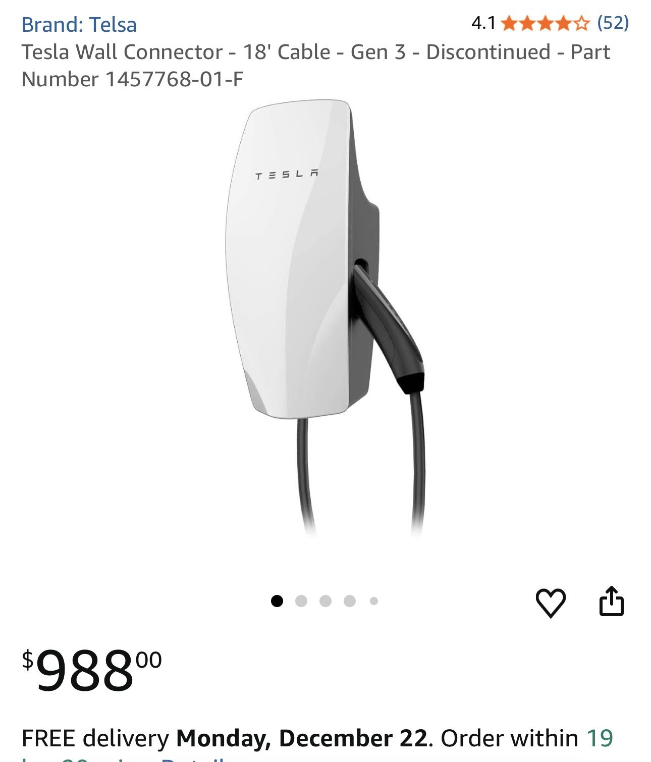 Tesla Wall Connector - 18' Cable - Gen 3 - (Discontinued)- Part Number 1457768-01-F Down from $998.00-1375.00