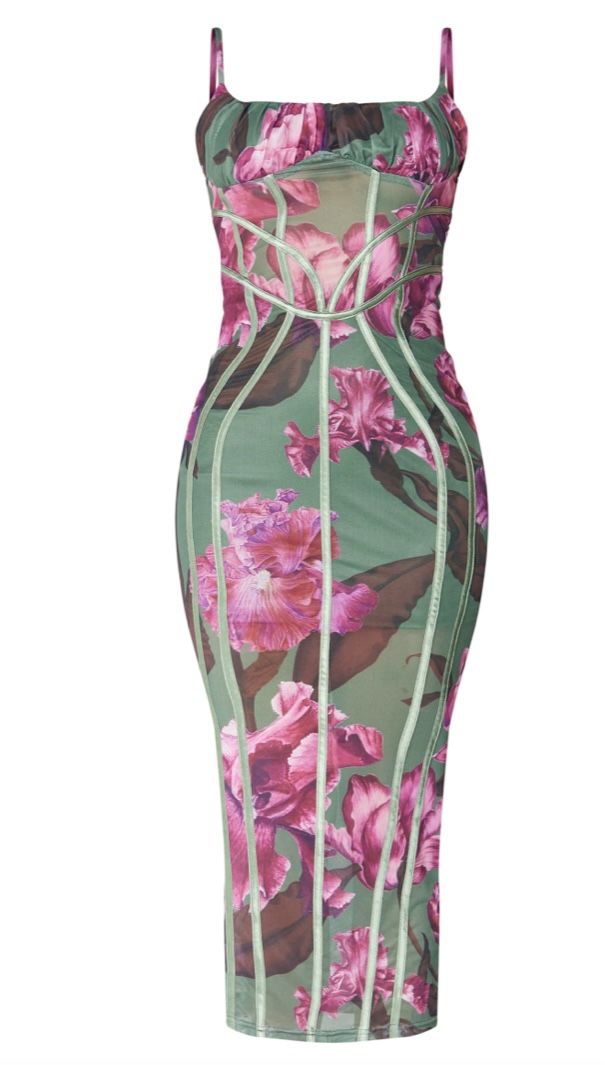 GREEN FLORAL PRINT MESH BINDING DETAIL MIDAXI DRESS