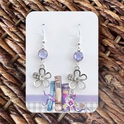 Pretty New Handmade Silver-Tone and Purple Sparkly Flower Outline Dangle Earrings (2.1” long x 0.7” wide)