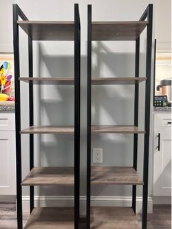 Two 5-tier narrow bookshelves