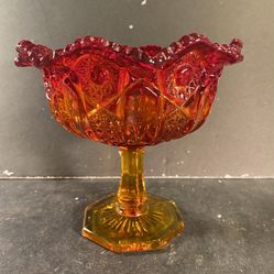 FENTON Vintage Amberina Glass Hobstar Ruffled-Edge Pedestal Candy/Nut Dish (Height: 6-1/2”)