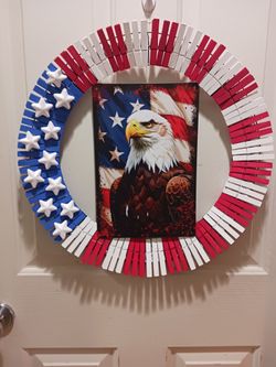 4th Of July Eagle Handmade, Hand Painted  18 Inch Clothes Pin Wreath 