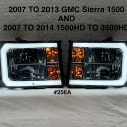 2007 TO 2013 GMC Sierra 1500 AND 2007 TO 2014 1500HD 2500HD 3500HD LED Bar Factory Style Headlights (Chrome Housing/Smoked Lens) 