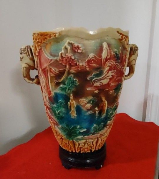 Vintage Chinese Style Carved Resin Vase Home Decor Decoration Flower Display Asian Family Oriental Life Elephants Lovely Vase;10 inches Tall x 7 inche