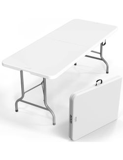 VINGLI 6 Foot Plastic Folding Table Portable Long Table for Indoor Outdoor Use Rectangular with Carrying Handle, Smooth HDPE Tabletop, White($35)