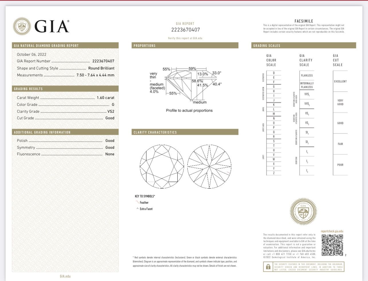 1.60 Carat Round G Vs2 Gia Diamond