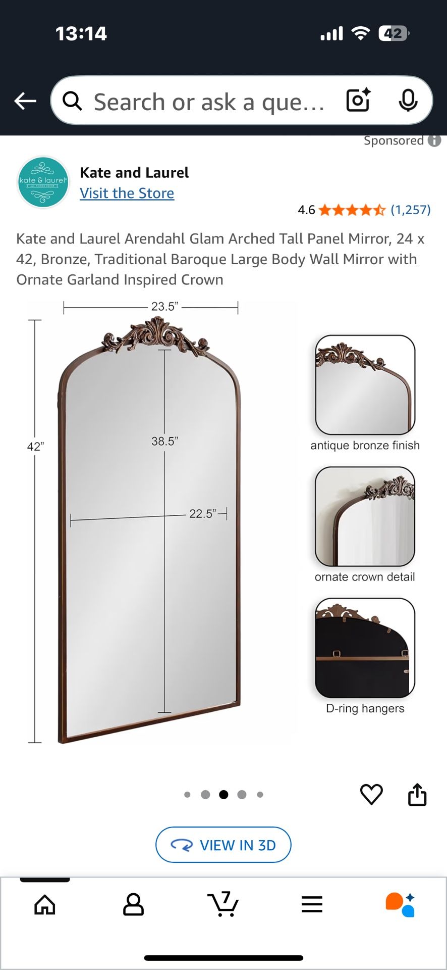 Kate and Laurel Arendahl Glam Arched Tall Panel Mirror, 24 x 42, Bronze, Traditional Baroque Large Body Wall Mirror with Ornate Garland Inspired Crown