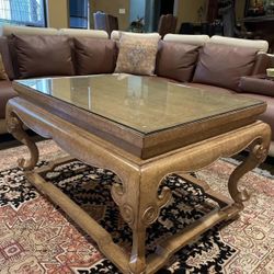 Antique Brown Color Wooden Coffee table with Glass On Top 