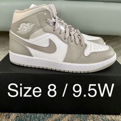 Nike Air Jordan 1 Mid Linen College Grey Light Bone White - Size 8 / 9.5W