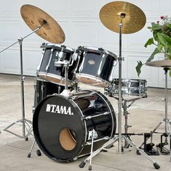 Tama Black Drum Set with Zildjian Cymbals DW Double Pedal and Hardware