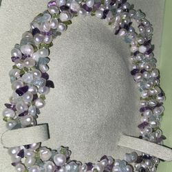 Ross-Simons 4-5mm Multicolored Cultured Pearl and Multi-Gemstone Torsade Necklace With Sterling Silver. 19 inches