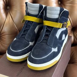 Louis Vuitton Two Tone Suede and Nylon High Top Blue Yellow Strap Shoes Sneakers Size 11 Box Dust Bags