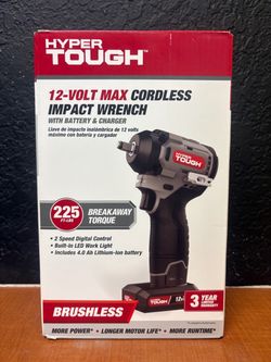 Hyper Tough 12V Max Cordless Brushless Impact Wrench with 4.0Ah Lithium-Ion Battery and Charger, 225 ft-lbs Torque