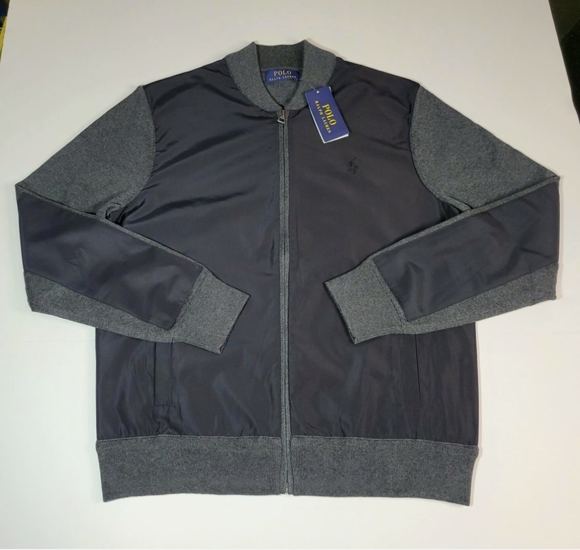 POLO RALPH LAUREN Bomber Jacket Mens Colorblock Hybrid Full Zip Black Gray Large