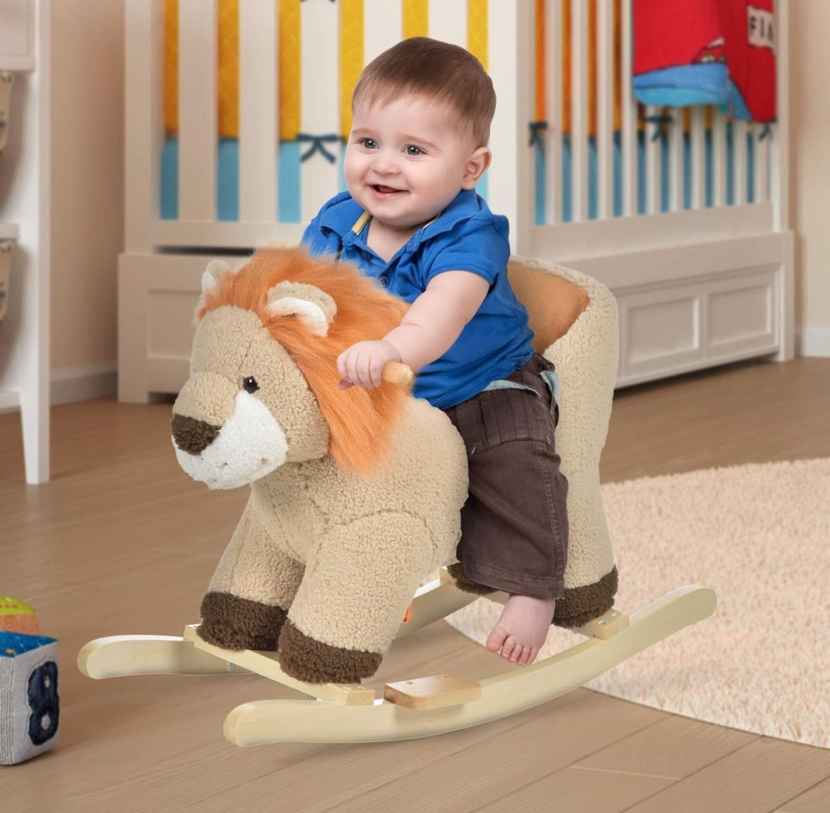 Baby Rocking Horse Lion with Sound, Plush Stuffed Rocking Animals, Wooden Rocking Horse with Seat Belt for 18-36 Months Boys and Girls Gift, Brown