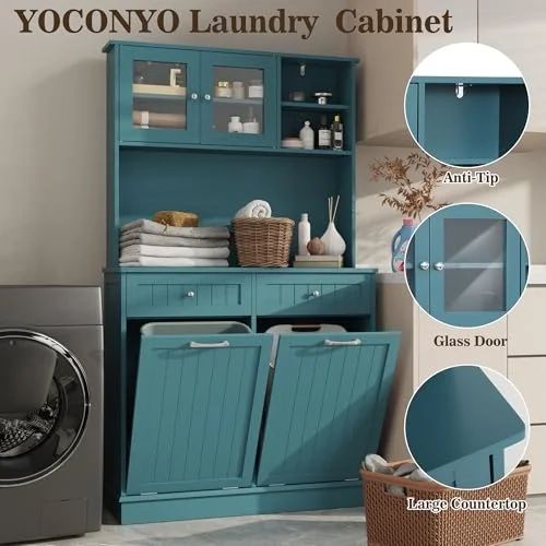 Double Tilt Out Trash Cabinet Storage Cabinet 20 Gallon with Two Solid Wood Hideaway Trash Holder Drawers, Dual Wooden Free Standing Recycling Cabinet