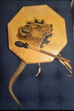 Handcrafted Octagonal Shaman Drum Featuring a Hand-Painted Bear Design.