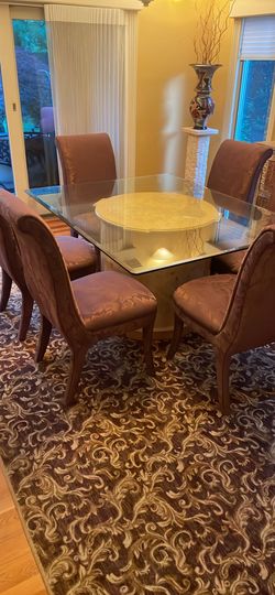 Dining room- Glass rectangular table, Burl wood base with 6 elegant fabric armless chairs
