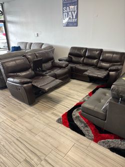 Limited time flash sale. Madrid Brown, leather reclining sofa and loveseat set only $1099. Easy no credit check financing and full service delivery av