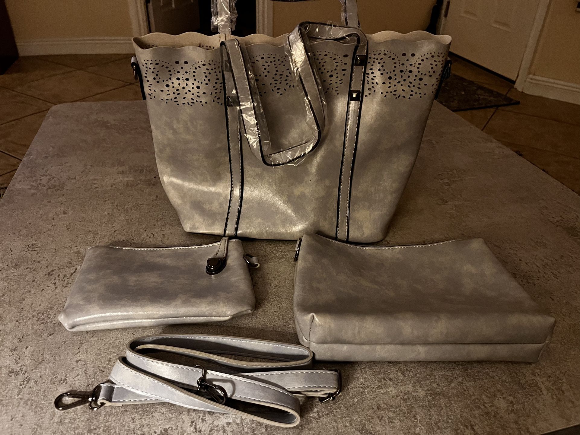 Light gray purse with change purse, and cosmetic purse
