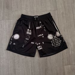 Eric Emanuel Men's Mesh Athletic Shorts M Black/White Graphic Print Drawstring