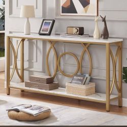 Console Table with Shelf - Gold and White Marble