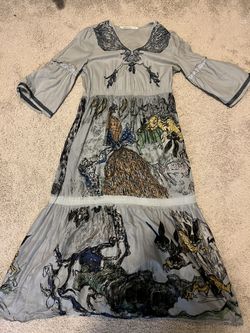 Gorgeous Blue Cotton And Silk Embroider And Bird Print Dress