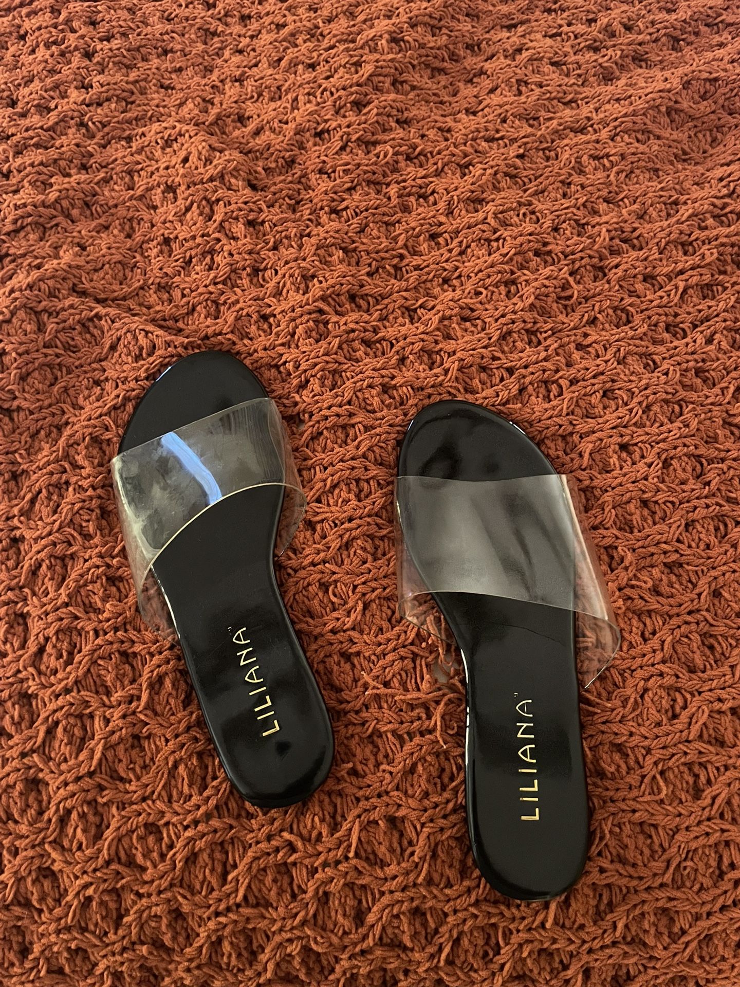 Black Liliana Flat Sandals, With A Clear See-Through Top Size 8