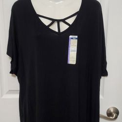 NWT Black Tunic Top 1X Plus Size 16W/18W Cage Neck Cap Sleeve Rayon