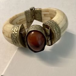 Women’s Cuff Bracelet Bone And Silver Tone With Stone Made In India