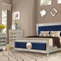 4 PIECE MIRRORED BLUE VELVET-KING-SIZE-BEDROOM SET-CAMA