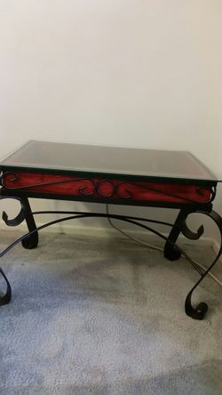 Side table black red wood glass metal
