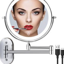Rechargeable Wall Mounted Lighted Makeup Vanity Mirror 8 Inch Double Sided 1X 10X Magnifying Bathroom Mirror, 3 Color Lighting, Touch Screen Dimming, 