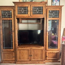 Solid Oak Entertainment Center – Glass Doors & Plenty of Storage